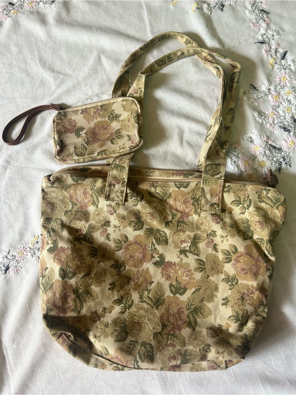 Floral Canvas Tote Bag in Beige with Matching Pouch